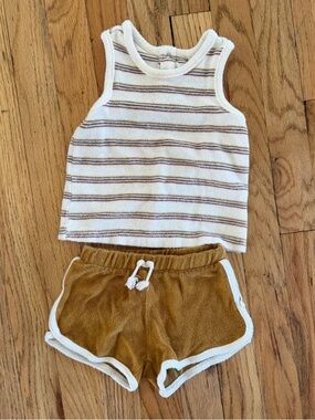 Striped Cream Tank Top & Mustard Terry Shorts Set